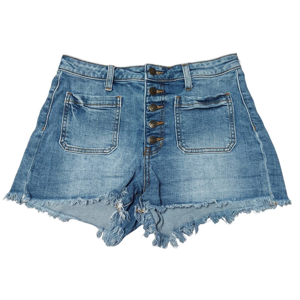 Harper Heritage Mid-Rise Raw Hem Button Fly Denim Shorts